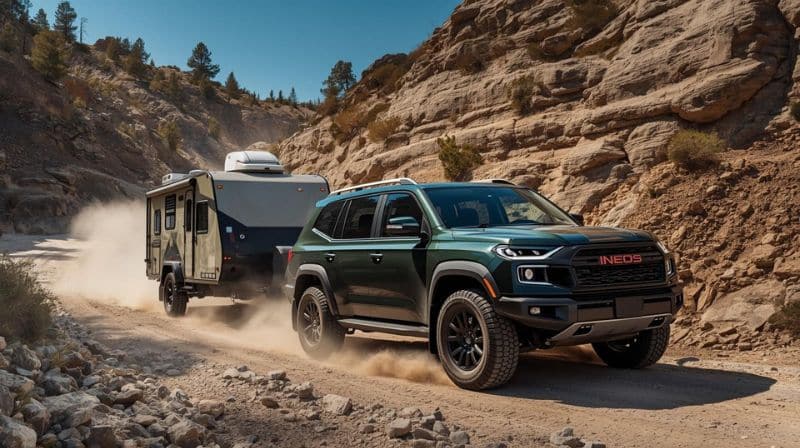Ineos Grenadier Brakes SUV towing trailer on rugged terrain